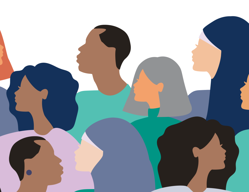 A graphic of a group of multicultural people in profile view